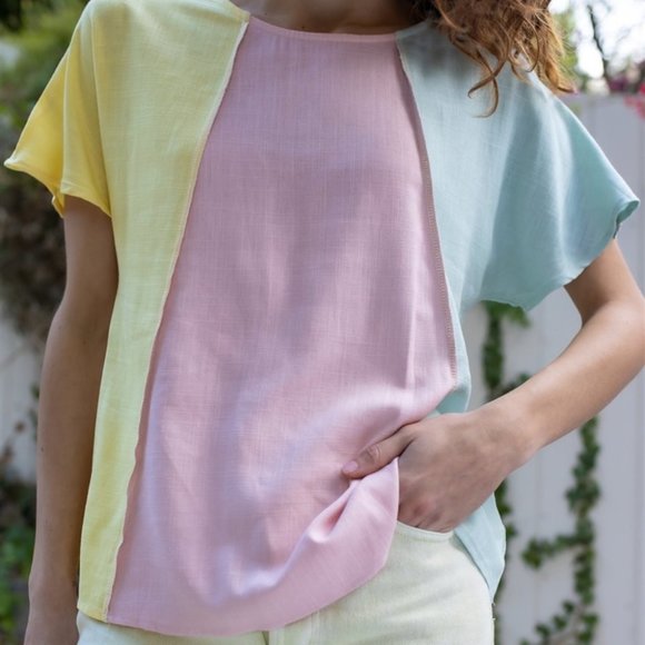Yellow Pink & Mint Linen Blend Colorblock Short Sleeve Top - Picture 2 of 4